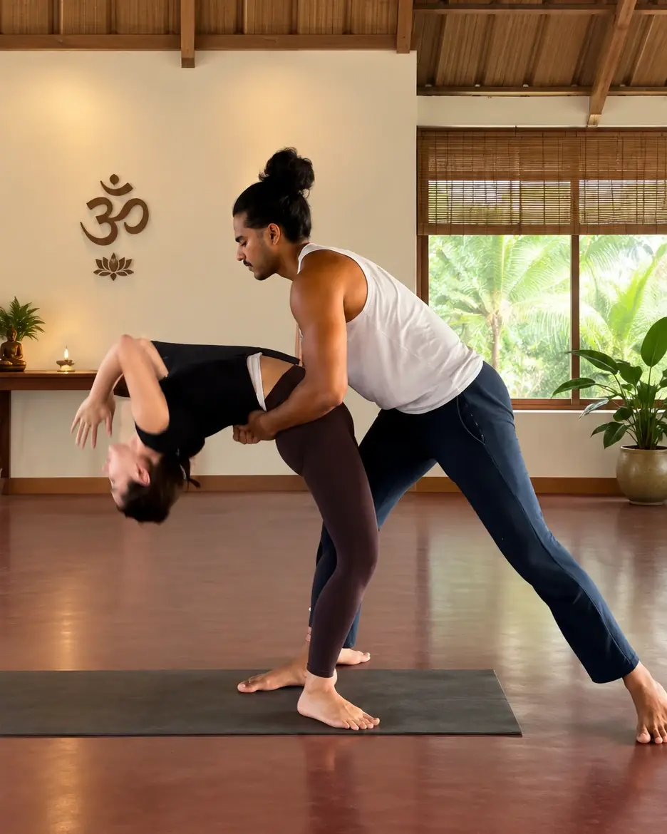 Nithin supports a student at the hips as she arches back into a standing backbend